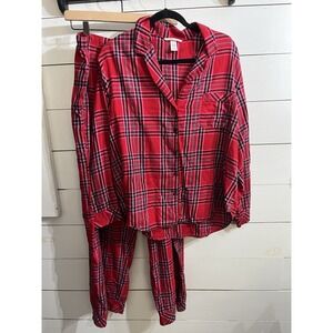 Victoria's Secret Red Plaid Flannel Pajama Set Christmas X-Large Pink Green Gold